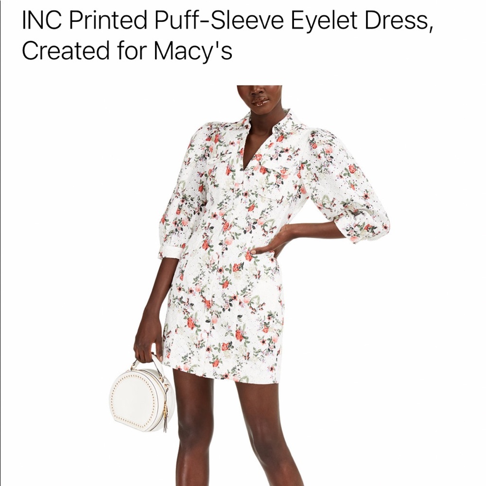 INC printed puff-sleeve eyelet dress